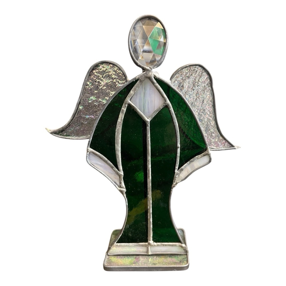Handcrafted Stained Glass Angel Figurine Green White Crystal Head 9" Tall